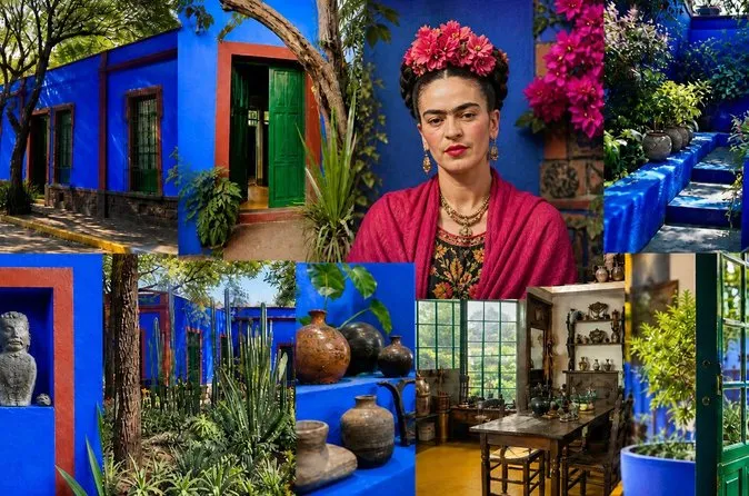 Visitors exploring the colorful garden courtyard of the Frida Kahlo Blue House museum with an audio guide, Coyoacán Mexico City