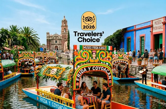 Decorated trajinera boat on the Xochimilco canals during a full-day Frida Kahlo Blue House and Xochimilco tour, Mexico City